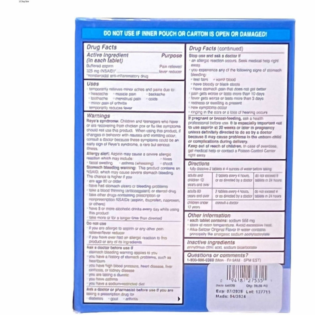 Image of Lil' Drug Store 64038 Alka-Seltzer Tablets, For Heartburn, Acid Indigestion, Sour Stomach, Pain, Headache, 30 / Box