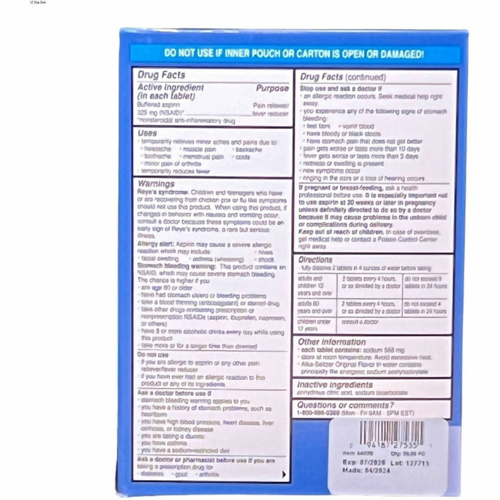 Image of Lil' Drug Store 64038 Alka-Seltzer Tablets, For Heartburn, Acid Indigestion, Sour Stomach, Pain, Headache, 30 / Box