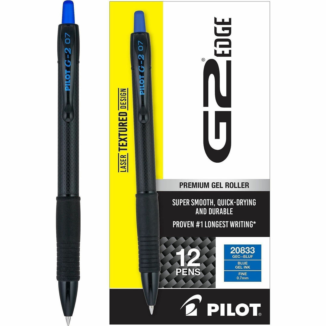 Image of Pilot® G2 Edge Premium Gel Roller Pen, Retractable, Fine 0.7 mm, Blue Ink, Black/Blue Barrel, Dozen