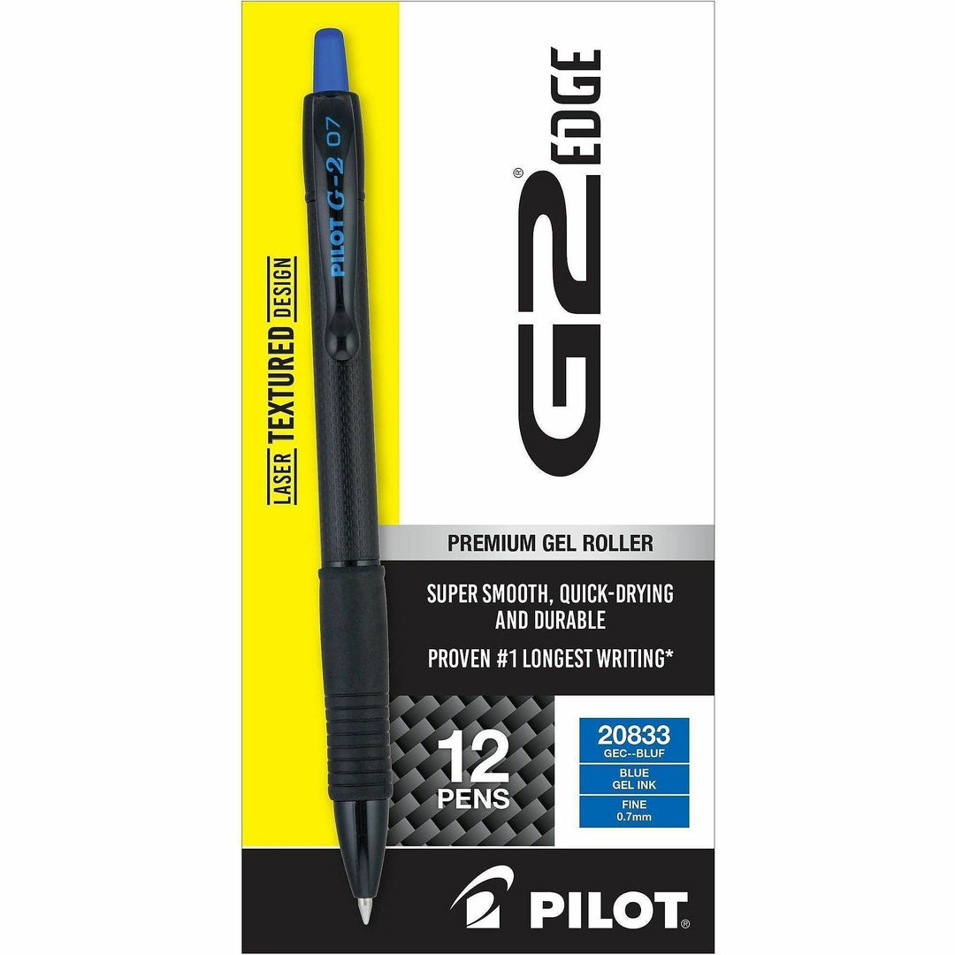 Image of Pilot® G2 Edge Premium Gel Roller Pen, Retractable, Fine 0.7 mm, Blue Ink, Black/Blue Barrel, Dozen