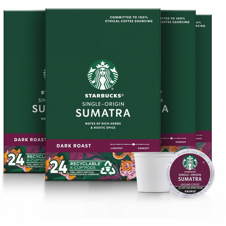 Image of Starbucks 91281CT Sumatra Blend Coffee, Dark, 24 K-Cup, K-Cup, Sumatra Blend, 4 / Carton