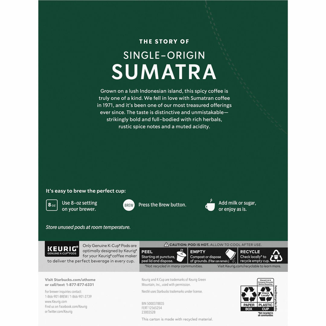 Image of Starbucks 91281CT Sumatra Blend Coffee, Dark, 24 K-Cup, K-Cup, Sumatra Blend, 4 / Carton