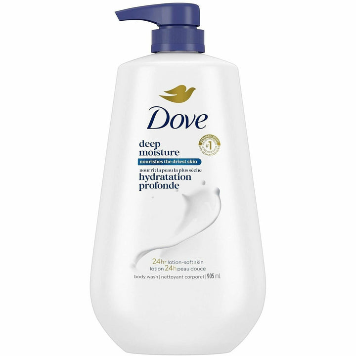 Image of Dove 39648 Deep Moisture Body Wash, 30.60 fl oz, Pump Bottle Dispenser, Body, Skin, Moisturizing, White, Unscented, 1 Each