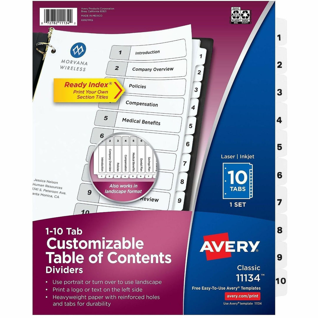 Image of Avery® Customizable TOC Ready Index Black and White Dividers, 10-Tab, 1 to 10, 11 x 8.5, 1 Set