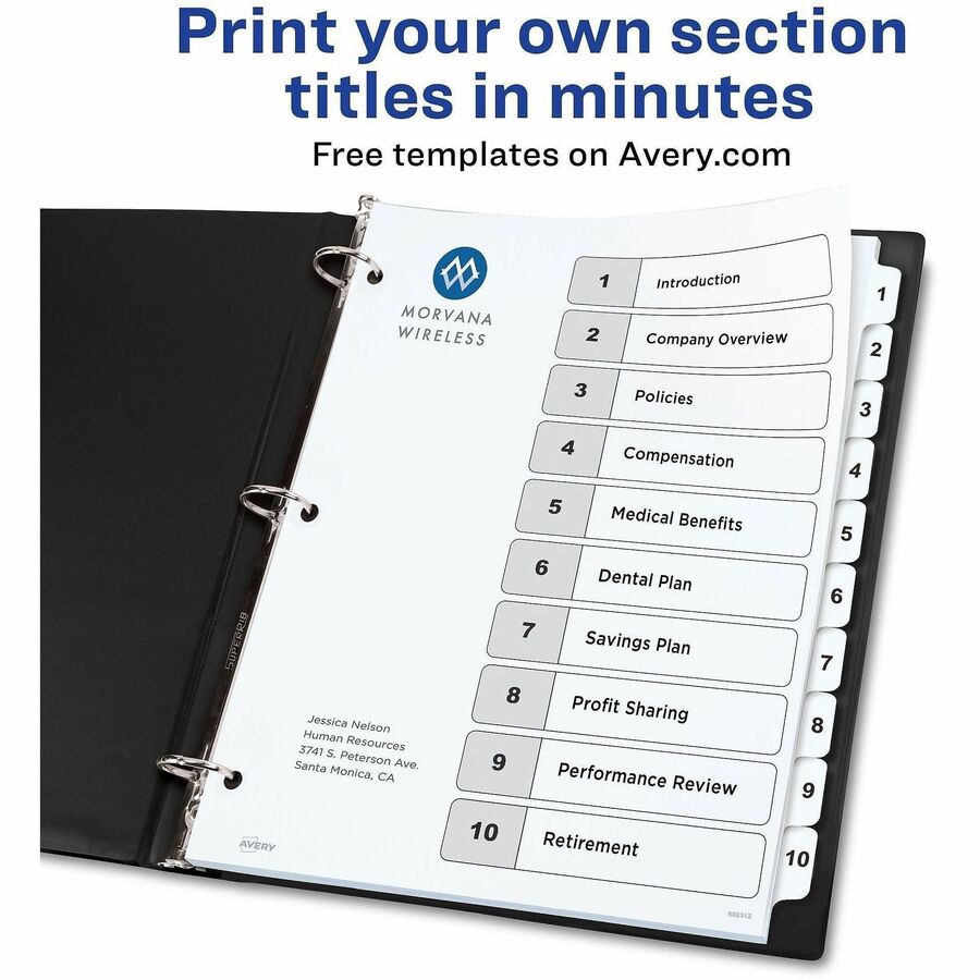 Image of Avery® Customizable TOC Ready Index Black and White Dividers, 10-Tab, 1 to 10, 11 x 8.5, 1 Set