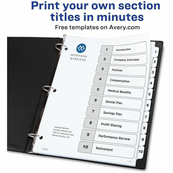 Image of Avery® Customizable TOC Ready Index Black and White Dividers, 10-Tab, 1 to 10, 11 x 8.5, 1 Set