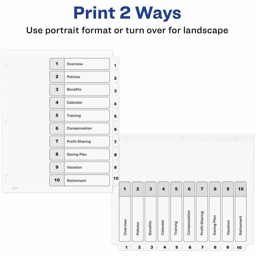 Image of Avery® Customizable TOC Ready Index Black and White Dividers, 10-Tab, 1 to 10, 11 x 8.5, 1 Set