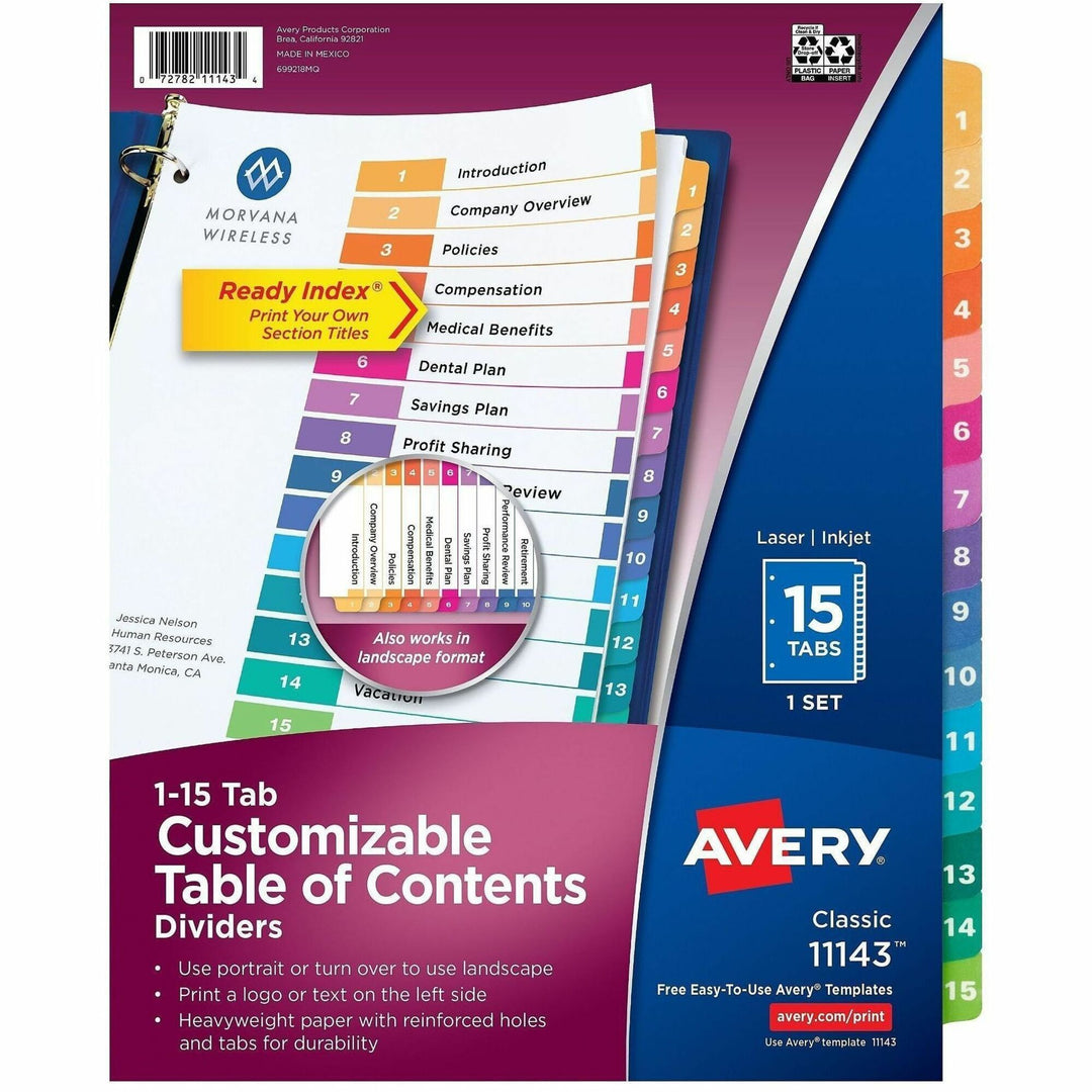 Image of Avery® Customizable TOC Ready Index Multicolor Tab Dividers, 15-Tab, 1 to 15, 11 x 8.5, White, Traditional Color Tabs, 1 Set