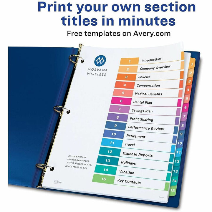 Image of Avery® Customizable TOC Ready Index Multicolor Tab Dividers, 15-Tab, 1 to 15, 11 x 8.5, White, Traditional Color Tabs, 1 Set