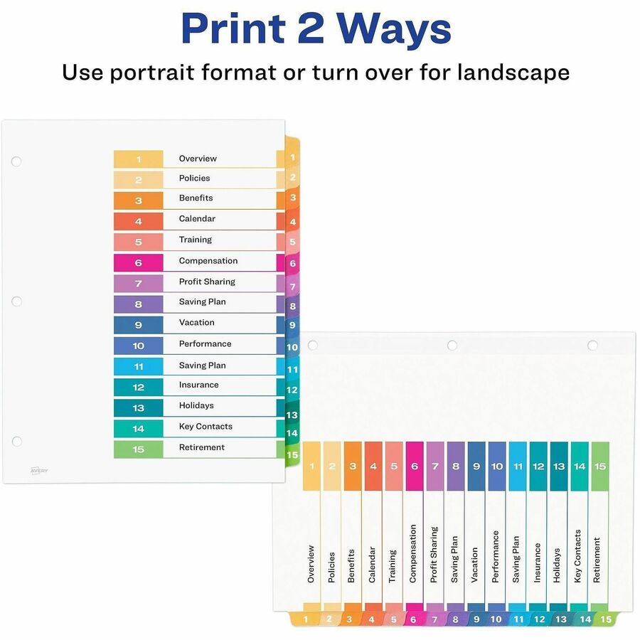 Image of Avery® Customizable TOC Ready Index Multicolor Tab Dividers, 15-Tab, 1 to 15, 11 x 8.5, White, Traditional Color Tabs, 1 Set