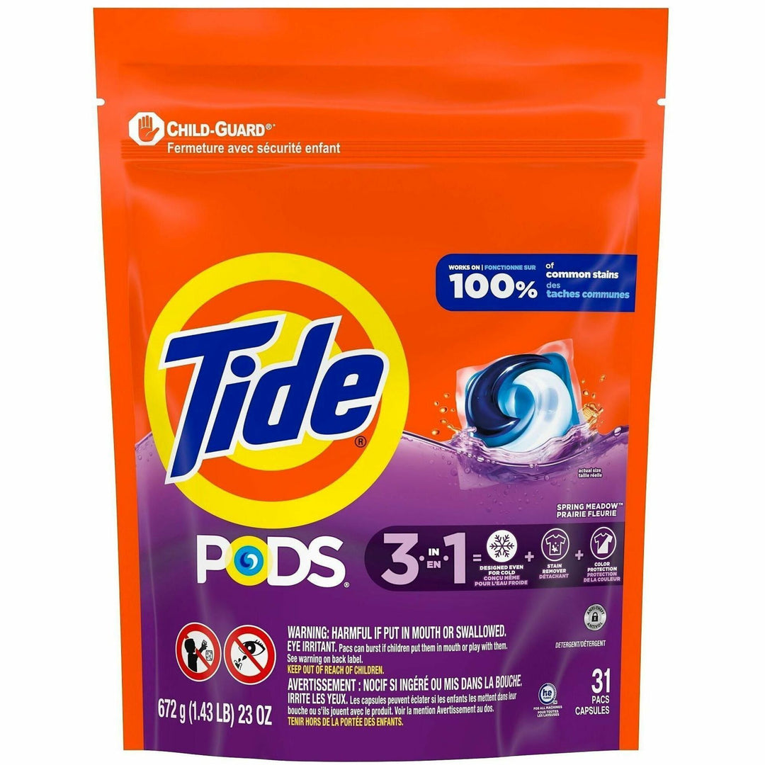 Image of Tide 93123 PODS Laundry Detergent Pacs, For Laundry, Clothes, Concentrate, Spring Meadow Scent, Recommended For: Stain Remover, Blue, 31 / Bag