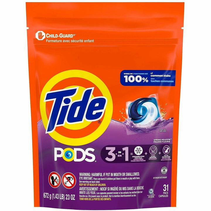 Image of Tide 93123 PODS Laundry Detergent Pacs, For Laundry, Clothes, Concentrate, Spring Meadow Scent, Recommended For: Stain Remover, Blue, 31 / Bag