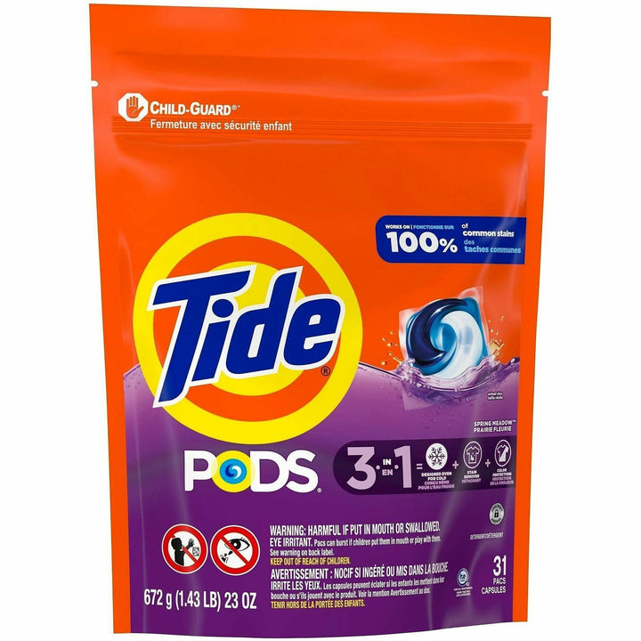 Image of Tide 93123 PODS Laundry Detergent Pacs, For Laundry, Clothes, Concentrate, Spring Meadow Scent, Recommended For: Stain Remover, Blue, 31 / Bag