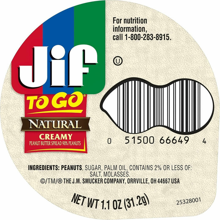 Image of Jif 99266 To-Go Creamy Natural Peanut Butter Cups, Natural, Creamy, 1.10 oz, 8 / Pack