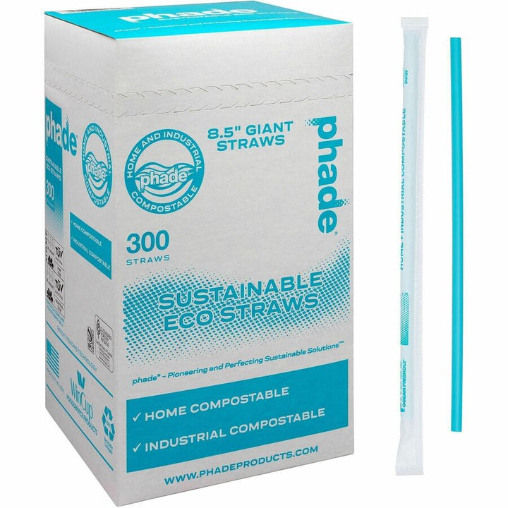 Image of Phade 511180CT Compostable Straws, 8.5" Length, Polyhydroxyalkanoate (PHA), Caribbean Blue, 300 Straws/Box, 4 / Carton