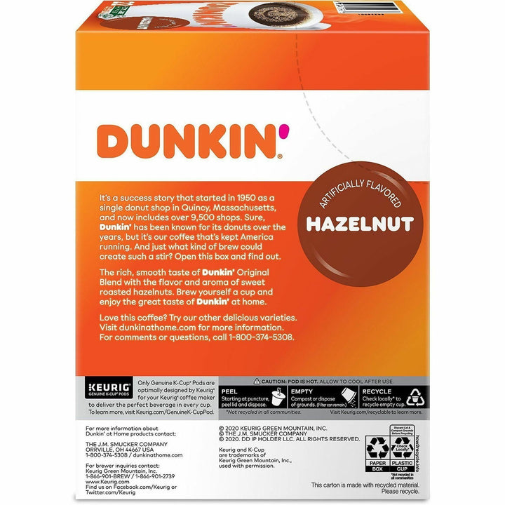 Image of Dunkin' Donuts® 1270CT Hazelnut Coffee, Medium, 22 K-Cup, K-Cup, Hazelnut, Original Blend, 4 / Carton