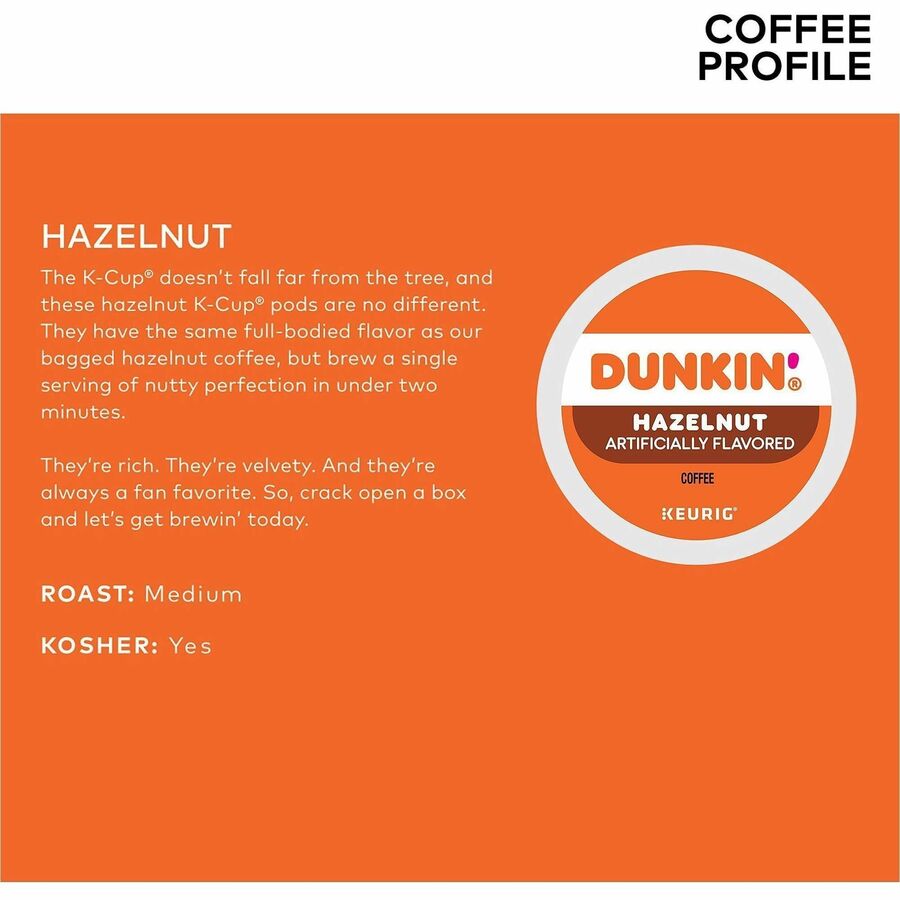 Image of Dunkin' Donuts® 1270CT Hazelnut Coffee, Medium, 22 K-Cup, K-Cup, Hazelnut, Original Blend, 4 / Carton