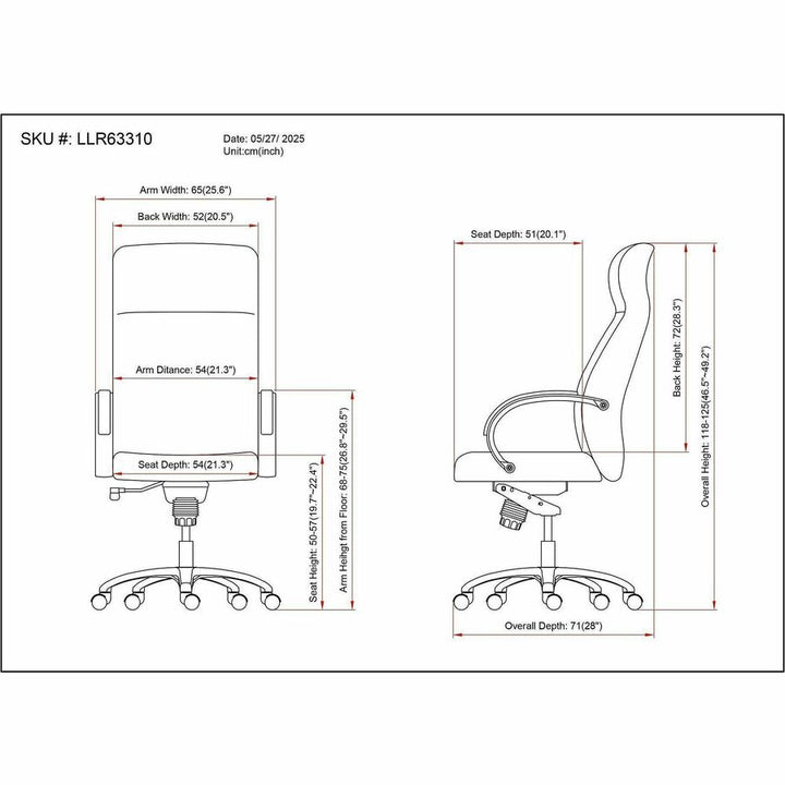 Image of Lorell 63310 Pike High Back Executive Chair, High Back, Black, Polyurethane, Armrest, 1 Each
