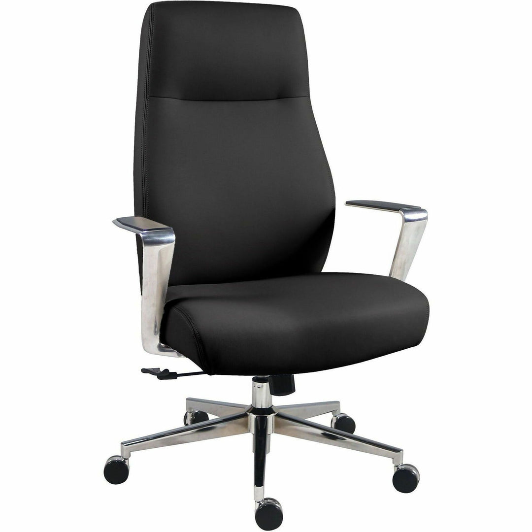 Image of Lorell 63305 Fuerte Executive/Conference High-Back Chair with Polished Aluminum Arms, High Back, Black, Poly, Polyurethane, Armrest, 1 Each