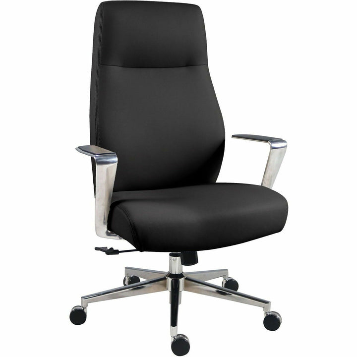 Image of Lorell 63305 Fuerte Executive/Conference High-Back Chair with Polished Aluminum Arms, High Back, Black, Poly, Polyurethane, Armrest, 1 Each
