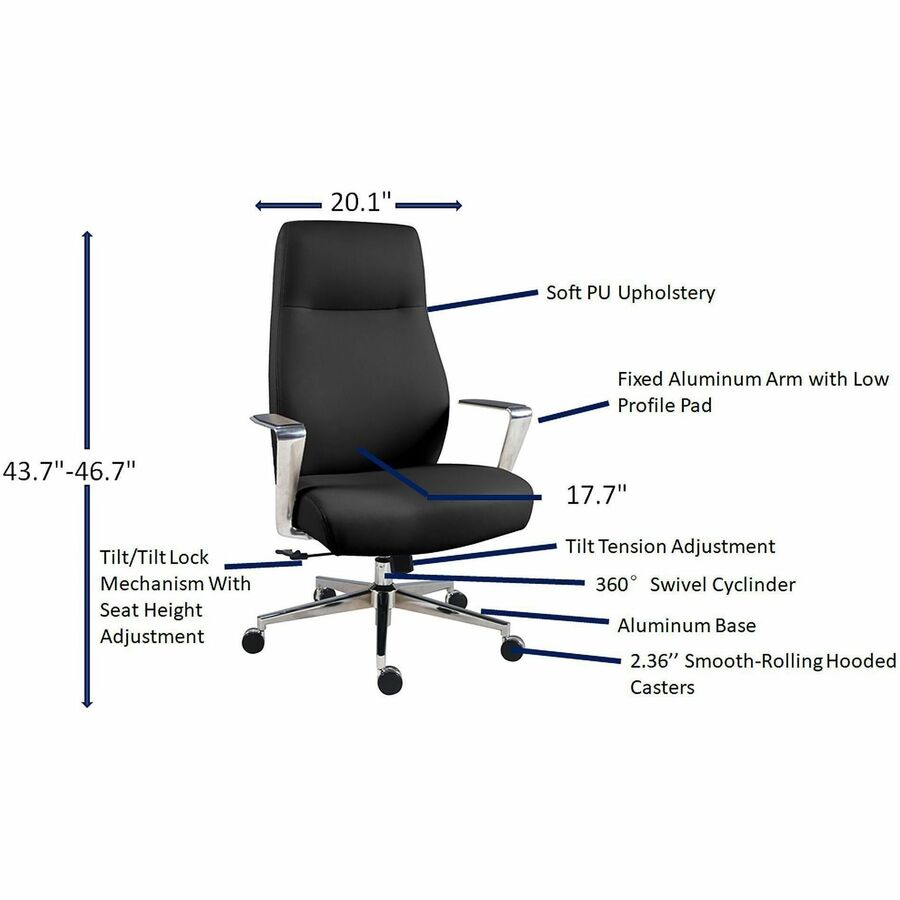 Image of Lorell 63305 Fuerte Executive/Conference High-Back Chair with Polished Aluminum Arms, High Back, Black, Poly, Polyurethane, Armrest, 1 Each