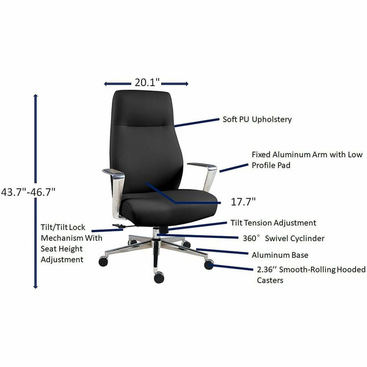 Image of Lorell 63305 Fuerte Executive/Conference High-Back Chair with Polished Aluminum Arms, High Back, Black, Poly, Polyurethane, Armrest, 1 Each