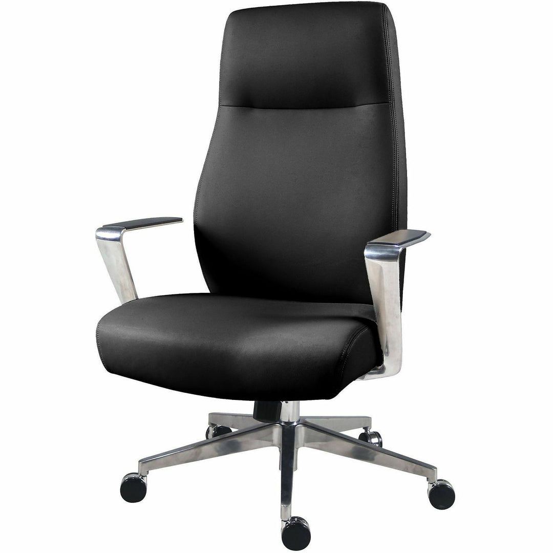 Image of Lorell 63305 Fuerte Executive/Conference High-Back Chair with Polished Aluminum Arms, High Back, Black, Poly, Polyurethane, Armrest, 1 Each
