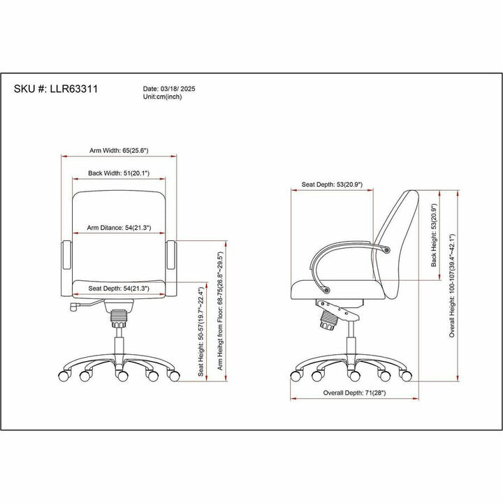 Image of Lorell 63311 Pike Mid-Back Executive Chair, Mid Back, Black, Polyurethane, Armrest, 1 Each