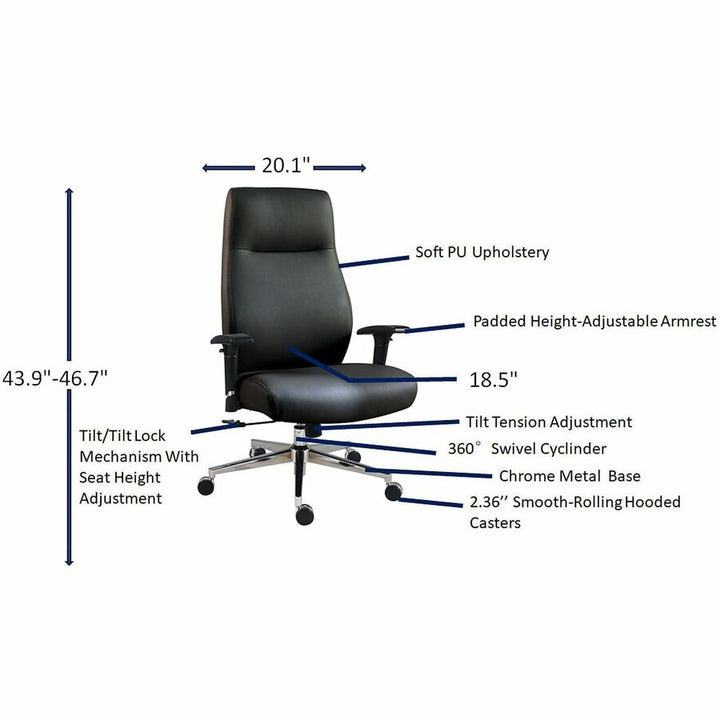 Image of Lorell 63300 Fuerte Executive High-Back Chair with Adjustable Arms, High Back, Black, Poly, Polyurethane, Armrest, 1 Each