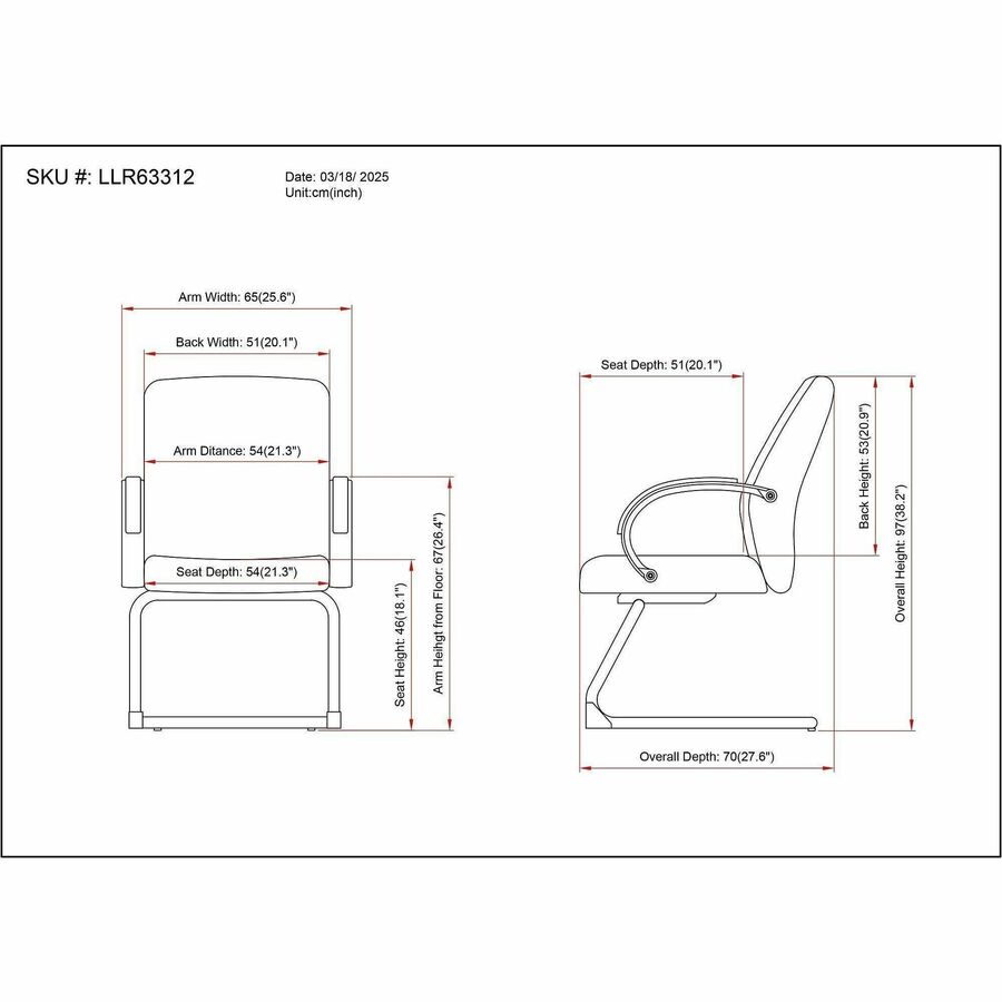 Image of Lorell 63312 Pike Executive Guest Chair, Low Back, Cantilever Base, Black, Polyurethane, Armrest, 1 Each