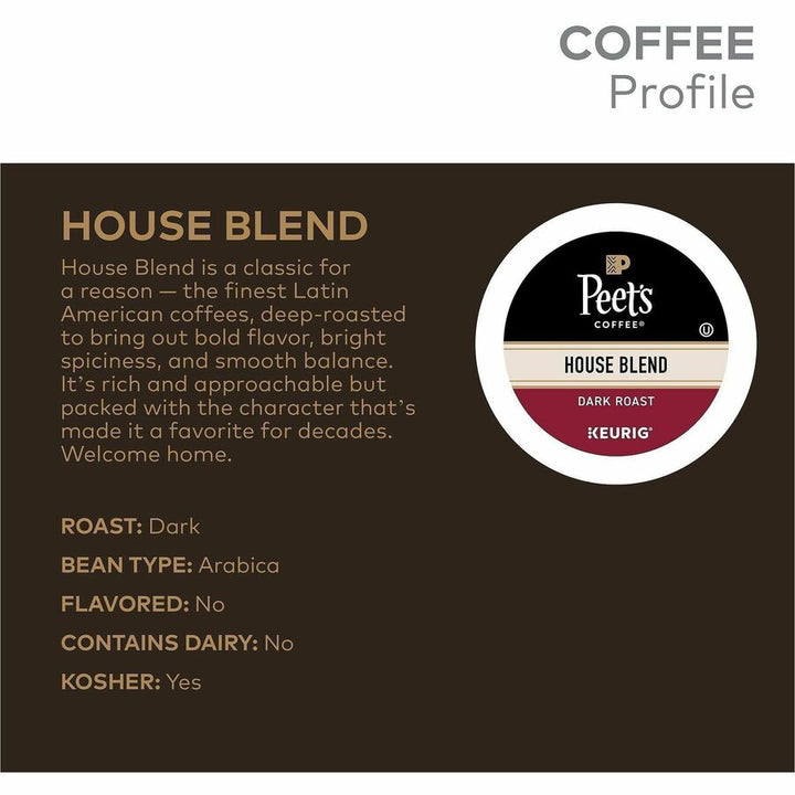 Image of Peet's 2410CT House Blend Coffee, Compatible with Keurig Brewer, Dark, 22 K-Cup, K-Cup, House Blend, 4 / Carton