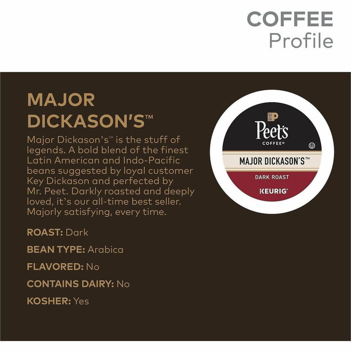 Image of Peet's 2403CT Major Dickason's Blend Coffee, Compatible with Keurig Brewer, Dark, 22 K-Cup, K-Cup, Major Dickason's, 4 / Carton