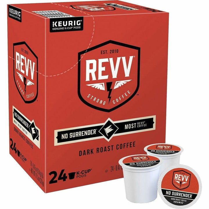 Image of revv® 196924CT No Surrender Coffee, Compatible with Keurig Brewer, Dark, 24 K-Cup, K-Cup, No Surrender, 4 / Carton