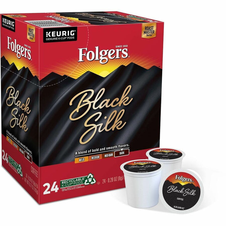 Image of Folgers® 7457CT Black Silk Coffee, Compatible with Keurig K-Cup Brewer, Dark, 24 K-Cup, K-Cup, Black Silk, 4 / Carton
