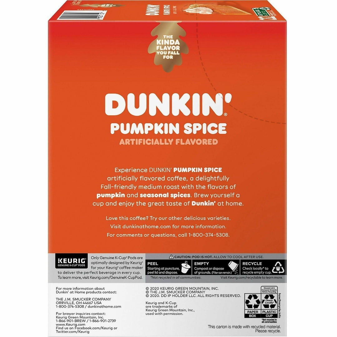 Image of Dunkin' Donuts® 7596CT Pumpkin Spice Coffee, Compatible with Keurig K-Cup Brewer, Medium, 22 K-Cup, K-Cup, Pumpkin Spice, 4 / Carton