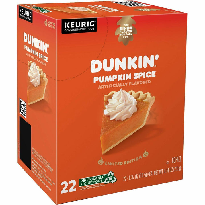 Image of Dunkin' Donuts® 7596CT Pumpkin Spice Coffee, Compatible with Keurig K-Cup Brewer, Medium, 22 K-Cup, K-Cup, Pumpkin Spice, 4 / Carton