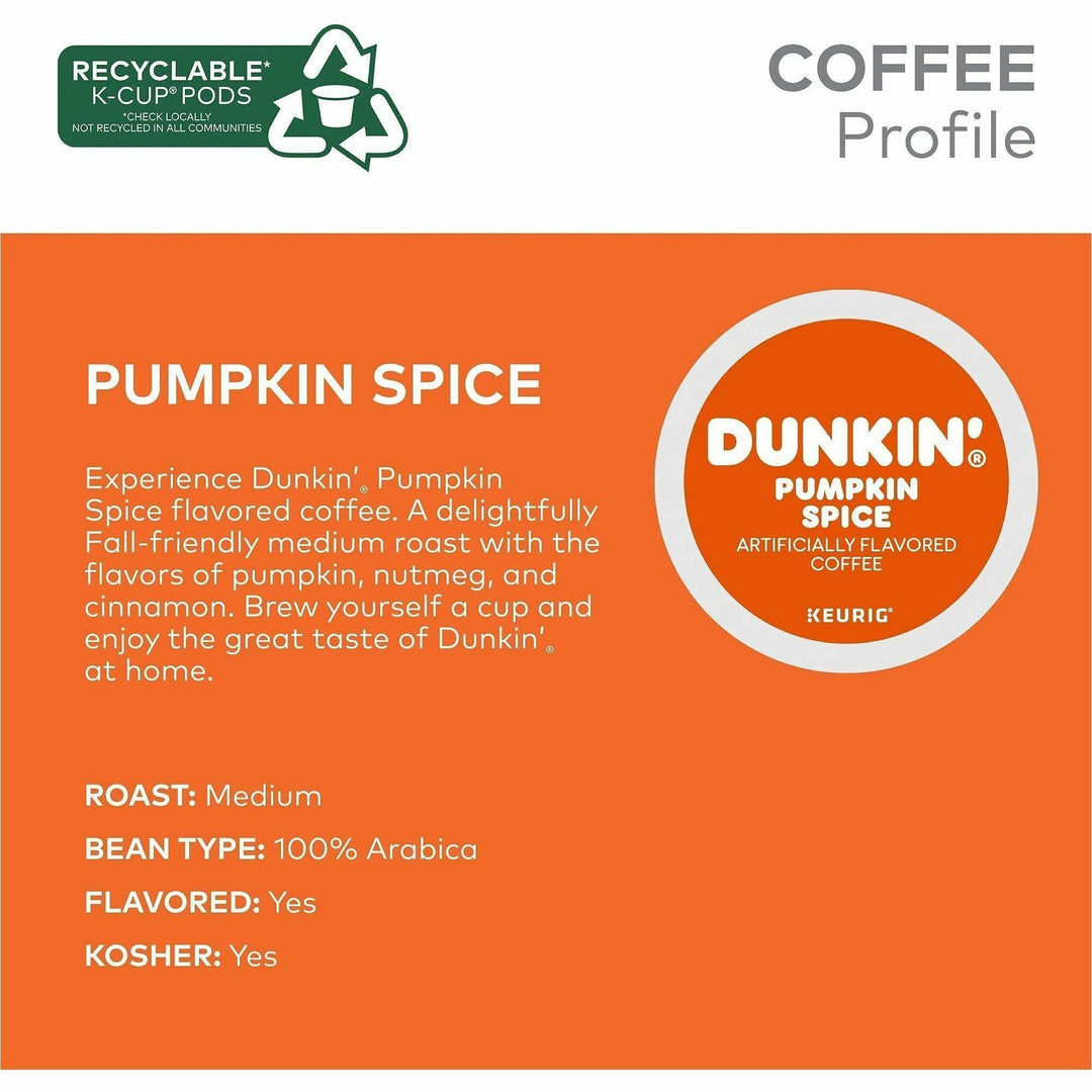 Image of Dunkin' Donuts® 7596CT Pumpkin Spice Coffee, Compatible with Keurig K-Cup Brewer, Medium, 22 K-Cup, K-Cup, Pumpkin Spice, 4 / Carton