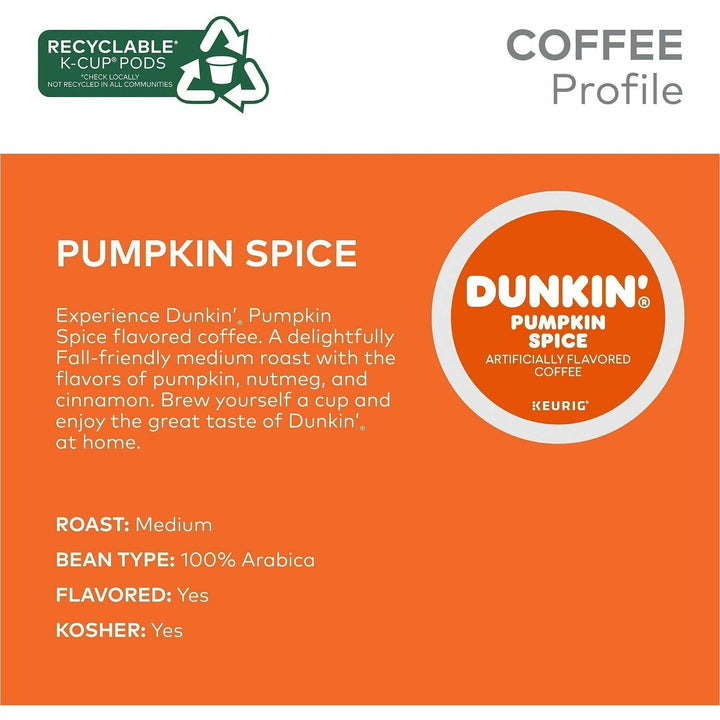 Image of Dunkin' Donuts® 7596CT Pumpkin Spice Coffee, Compatible with Keurig K-Cup Brewer, Medium, 22 K-Cup, K-Cup, Pumpkin Spice, 4 / Carton