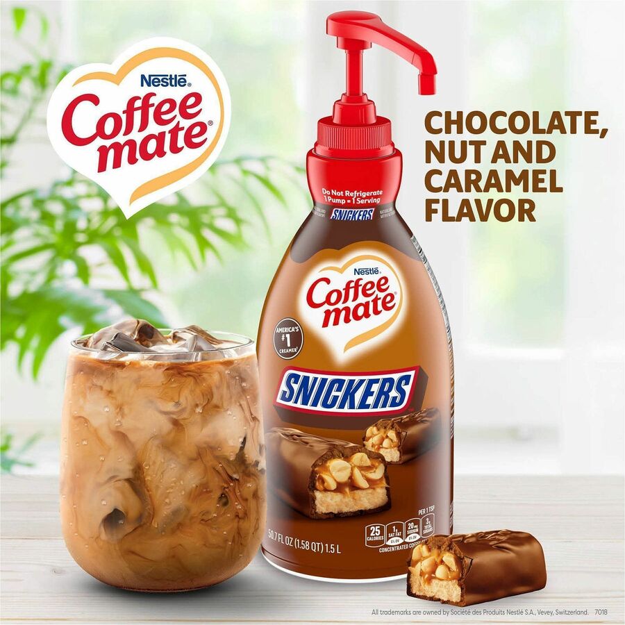 Image of Coffee mate 97955CT Liquid Pump Flavored Creamer, Snickers, Chocolate, Nut, Caramel Flavor, 50.72 fl oz (1.50 L), 300 Serving, 2 / Carton