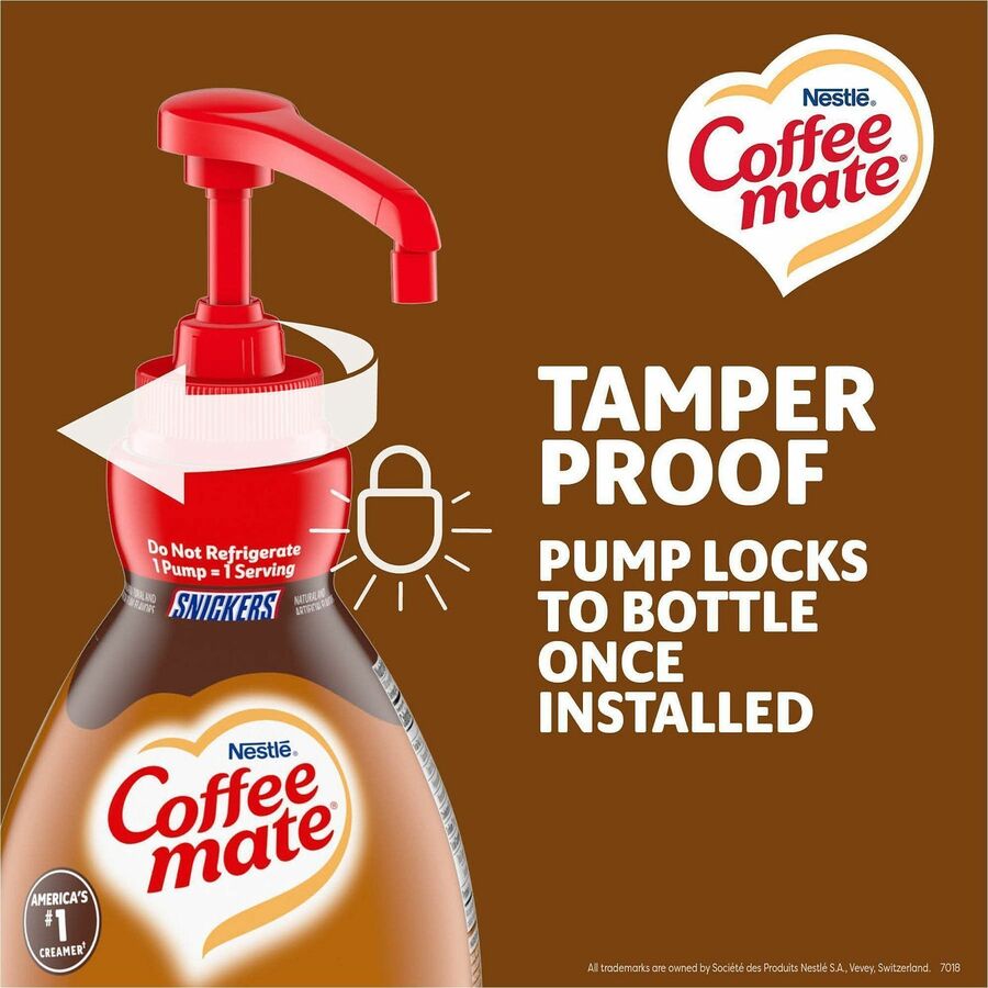 Image of Coffee mate 97955CT Liquid Pump Flavored Creamer, Snickers, Chocolate, Nut, Caramel Flavor, 50.72 fl oz (1.50 L), 300 Serving, 2 / Carton