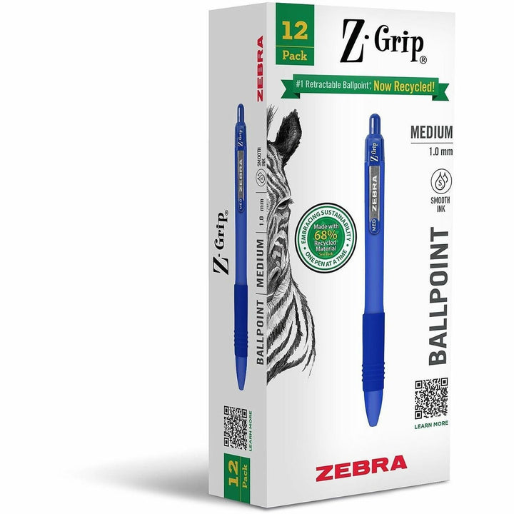 Image of Zebra Pen 20620 Z-Grip Recycled Retractable Ballpoint Pens, 1 mm, Medium Pen Point, Retractable, Blue Ink, School, Home, Journaling, 1 Dozen