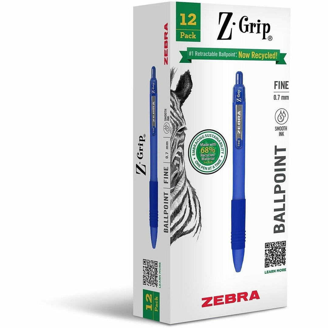 Image of Zebra Pen 20720 Z-Grip Recycled Retractable Ballpoint Pens, 0.7 mm Fine Pen Point, Retractable, Blue Ink, School, Home, Journaling, 1 Dozen