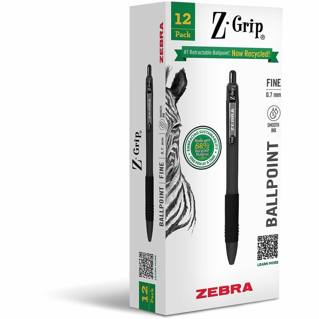 Image of Zebra Pen 20710 Z-Grip Recycled Retractable Ballpoint Pens, 0.7 mm Fine Pen Point, Retractable, Black Ink, School, Home, Journaling, 1 Dozen