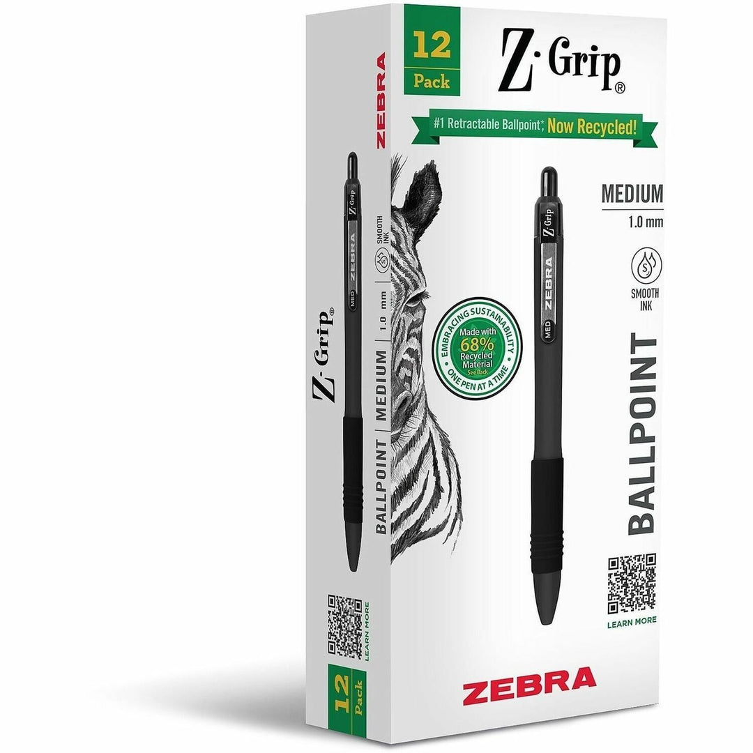 Image of Zebra Pen 20610 Z-Grip Recycled Retractable Ballpoint Pens, 1 mm, Medium Pen Point, Retractable, Black Ink, School, Home, Journaling, 1 Dozen