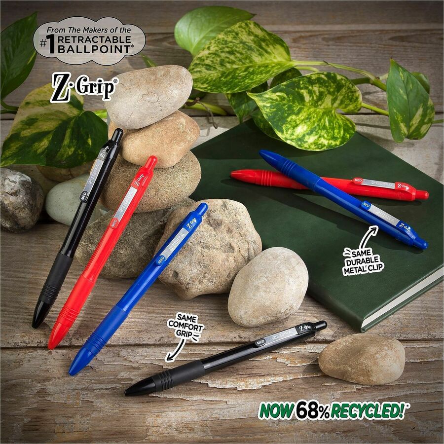 Image of Zebra Pen 20610 Z-Grip Recycled Retractable Ballpoint Pens, 1 mm, Medium Pen Point, Retractable, Black Ink, School, Home, Journaling, 1 Dozen