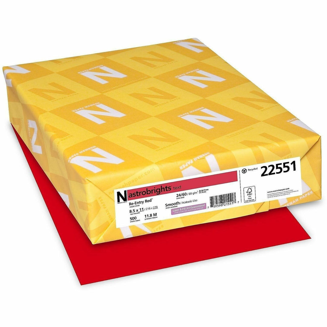 Image of Astrobrights 22551CT Colored Paper, Letter, 8 1/2" x 11 ft, 24 lb Basis Weight, Heavyweight, Acid-free, Lignin-free, Red, 500 Sheets, 10 / Carton