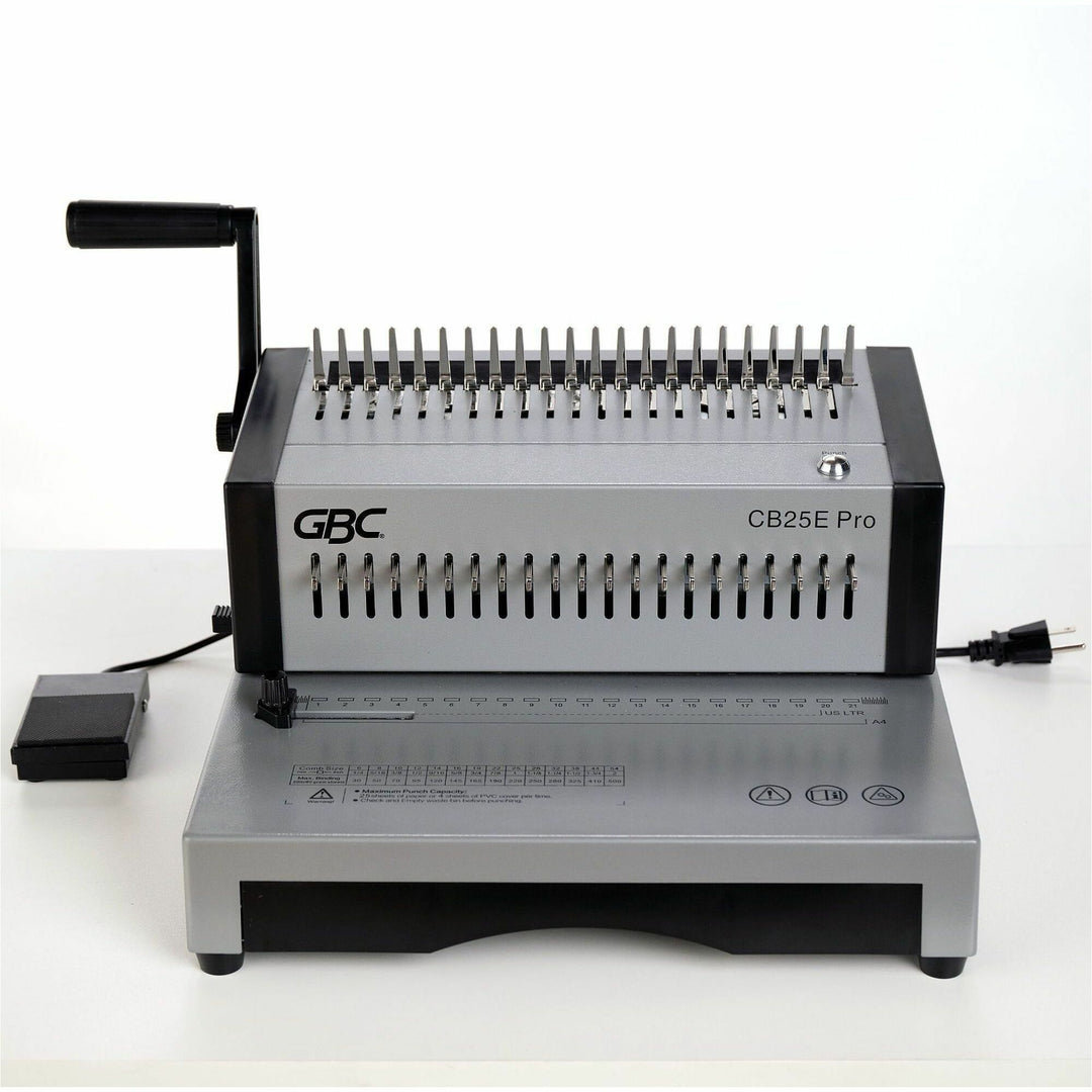 Image of GBC CombBind CB25E Pro Punch/Bind Machine, CombBind, 500 Sheet(s) Bind, 25 Punch, 9.9" H x 15.4" W x 13.9" Depth, Gray, 1 Each