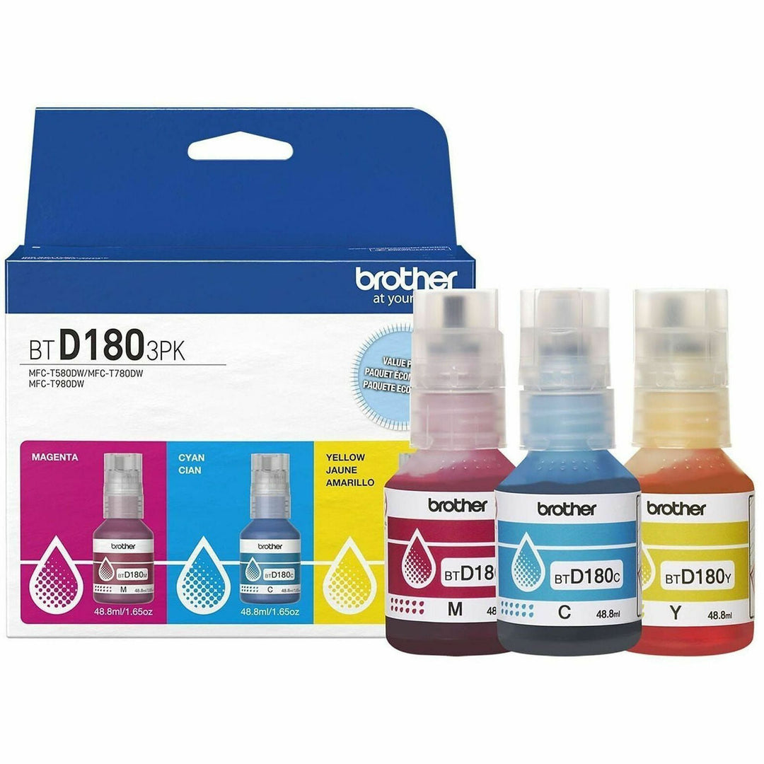 Image of Brother Genuine BTD1803PK 3-Pack High Yield Cyan, Magenta, and Yellow Ink Bottles, Inkjet, Cyan, Magenta, Yellow, 5000 Pages, High Yield, 3 / Pack