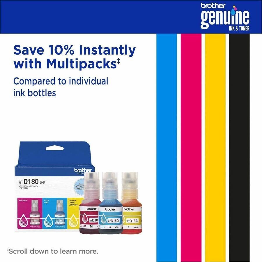 Image of Brother Genuine BTD1803PK 3-Pack High Yield Cyan, Magenta, and Yellow Ink Bottles, Inkjet, Cyan, Magenta, Yellow, 5000 Pages, High Yield, 3 / Pack