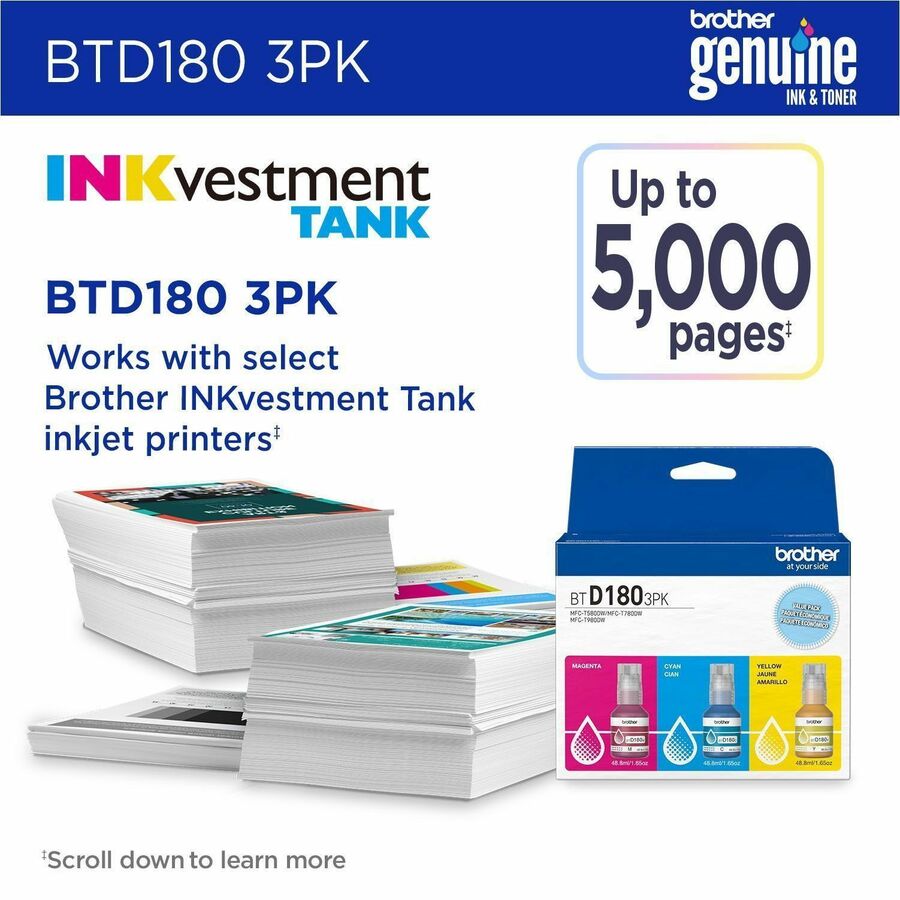Image of Brother Genuine BTD1803PK 3-Pack High Yield Cyan, Magenta, and Yellow Ink Bottles, Inkjet, Cyan, Magenta, Yellow, 5000 Pages, High Yield, 3 / Pack